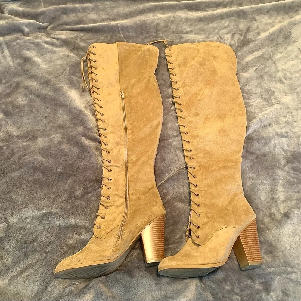 Tan suede lace up thigh high boots Size 10